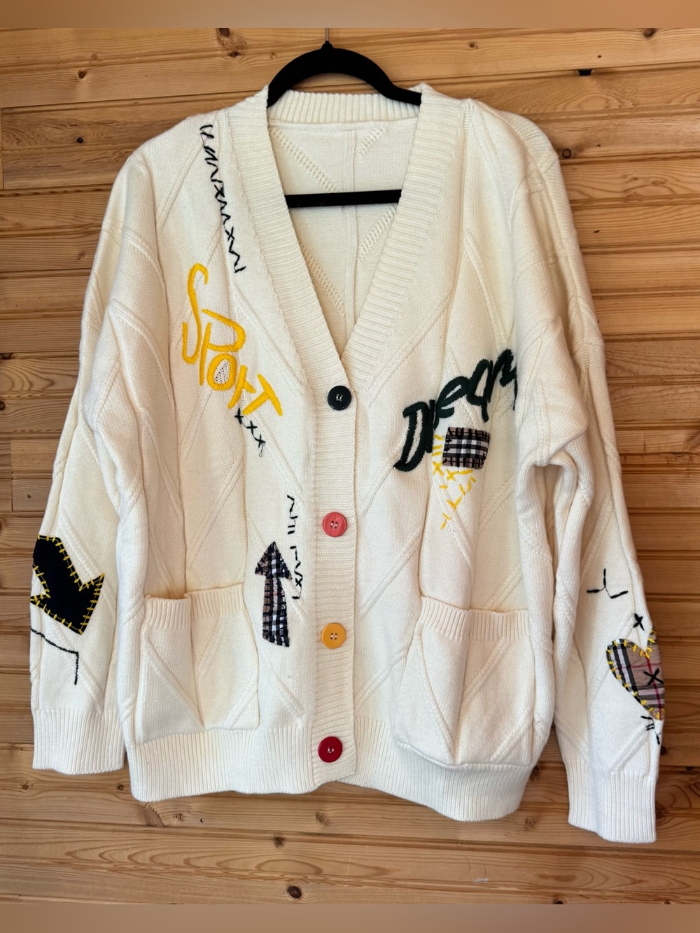 ebossy Cardigan Cream Embroidered Text Women’s XL Whimsical Hobo NWT